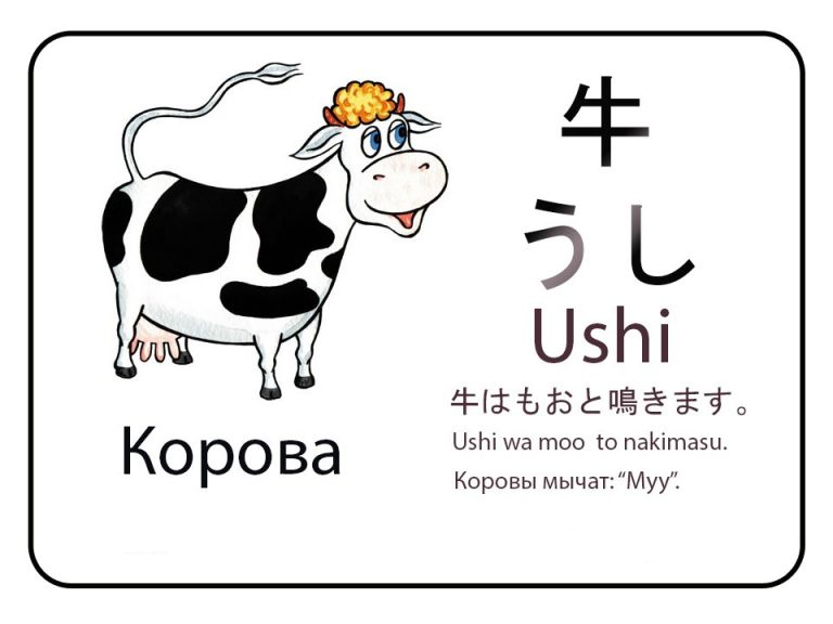 Корова на японском языке. Бесплатные карточки.